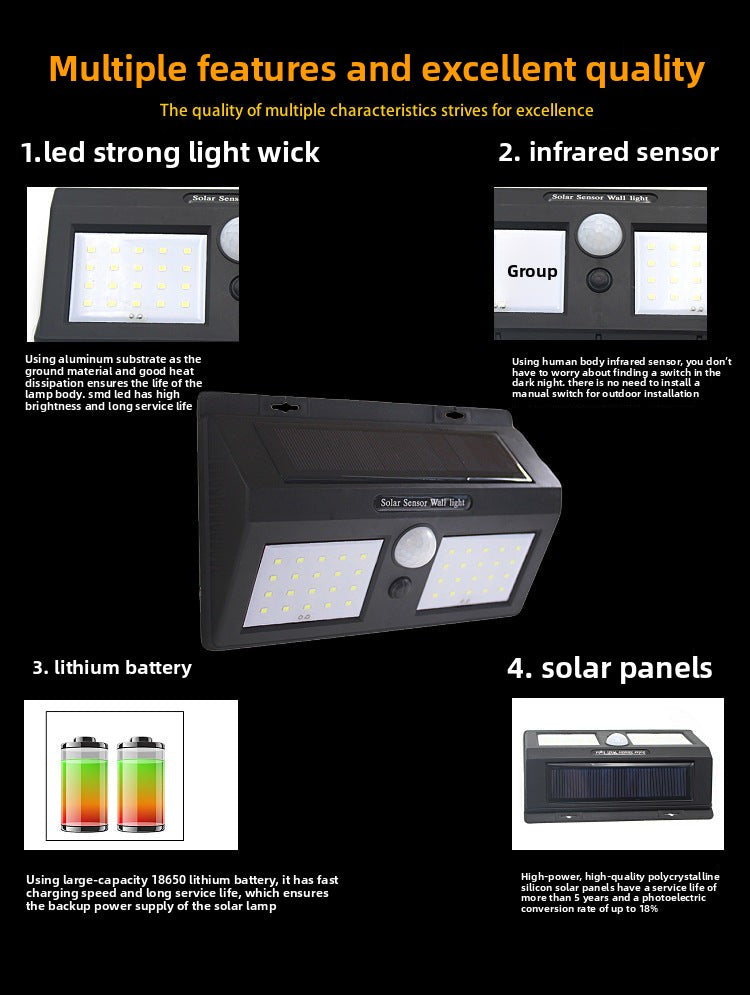 Solar Light Outdoor Waterproof Wall Light40LED Street Light Twin Garden Landscape Lamp Human Body Sensor Street Light