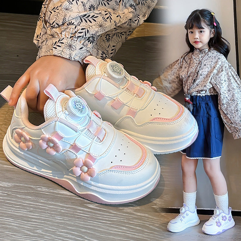 Children's Sports Shoes Spring and Autumn2025New Student Knob Girls' White Sneakers Versatile Casual Girls' Running Shoes