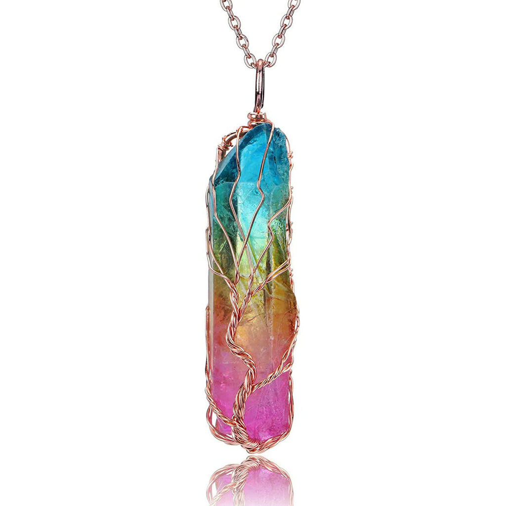 Natural White Crystal Women's Necklace with Color Plated Hexagonal Column Life Tree Pendant Bronze Wire Wrapped Crystal Pendant Necklace