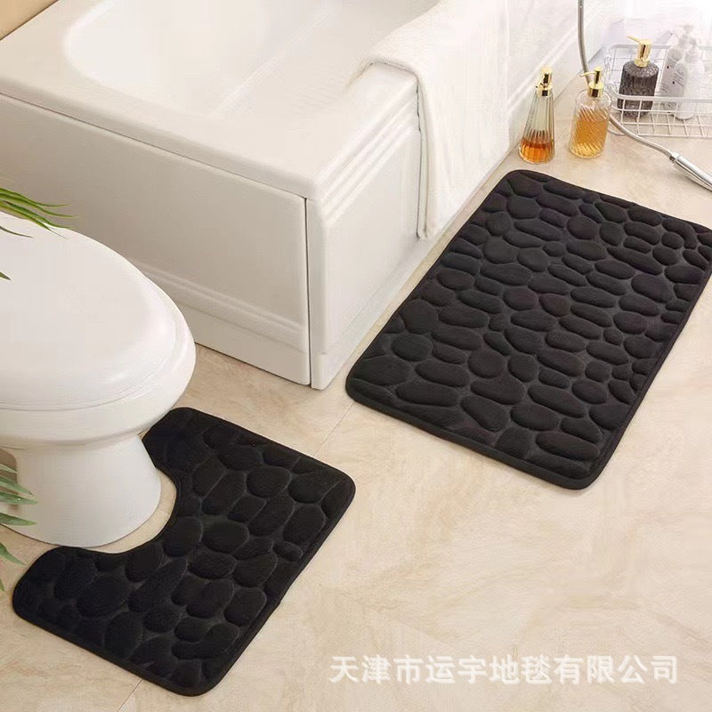 Embossed Pebble Coral Fleece Mat for Bathroom Toilet U Type bathroom absorbent foot mat small stones2Set
