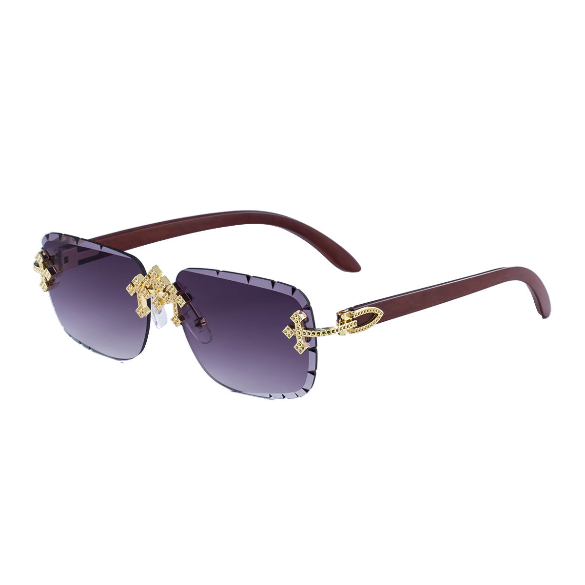2025New European and American Retro Frameless Sunglasses for Men with Diamond Cut Edge and Imitation Wood Grain Temples Wholesale