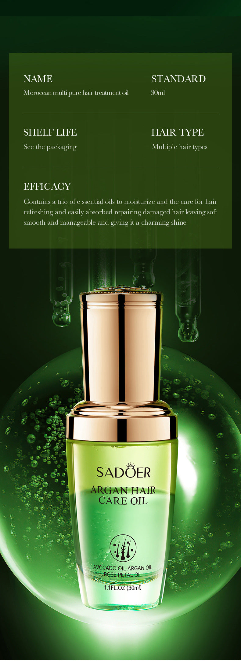 Hair Care Essential Oil30ml SADOER Smooth and Nourishing Hair Care Essential Oil  Wholesale