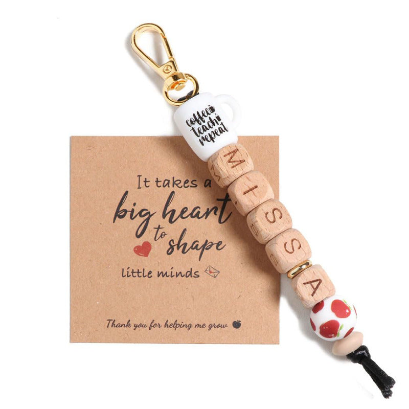 Teacher Appreciation Water Bottle Pendant Thank You Teacher Apple Ornament MISS Letter Square Wooden Bead Keychain Jewelry Accessories