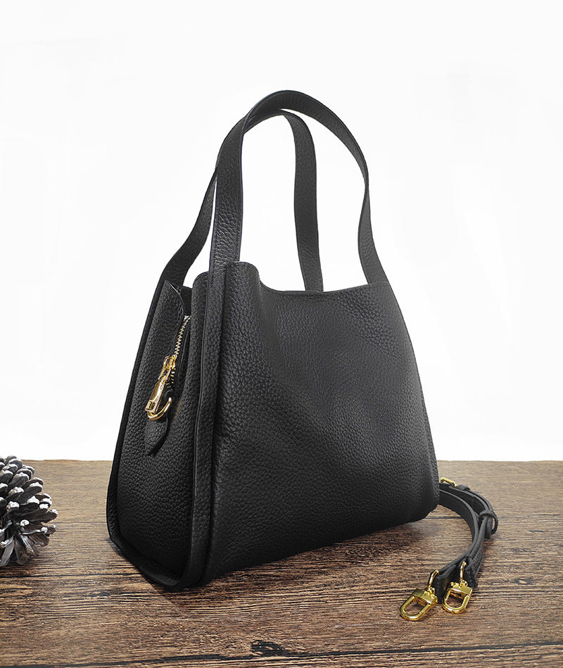 Genuine Leather Basket Bag Handheld Bucket Bag Women's Winter Crossbody Bag Large Capacity Top Layer Cowhide Bucket Style