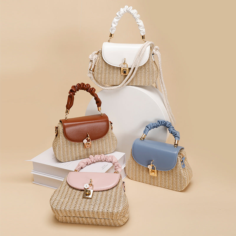 Summer New Style Straw Bag Fashion Box Bag Single Shoulder Crossbody Pleated Handbag Beach Vacation Ethnic Style Women's Bag