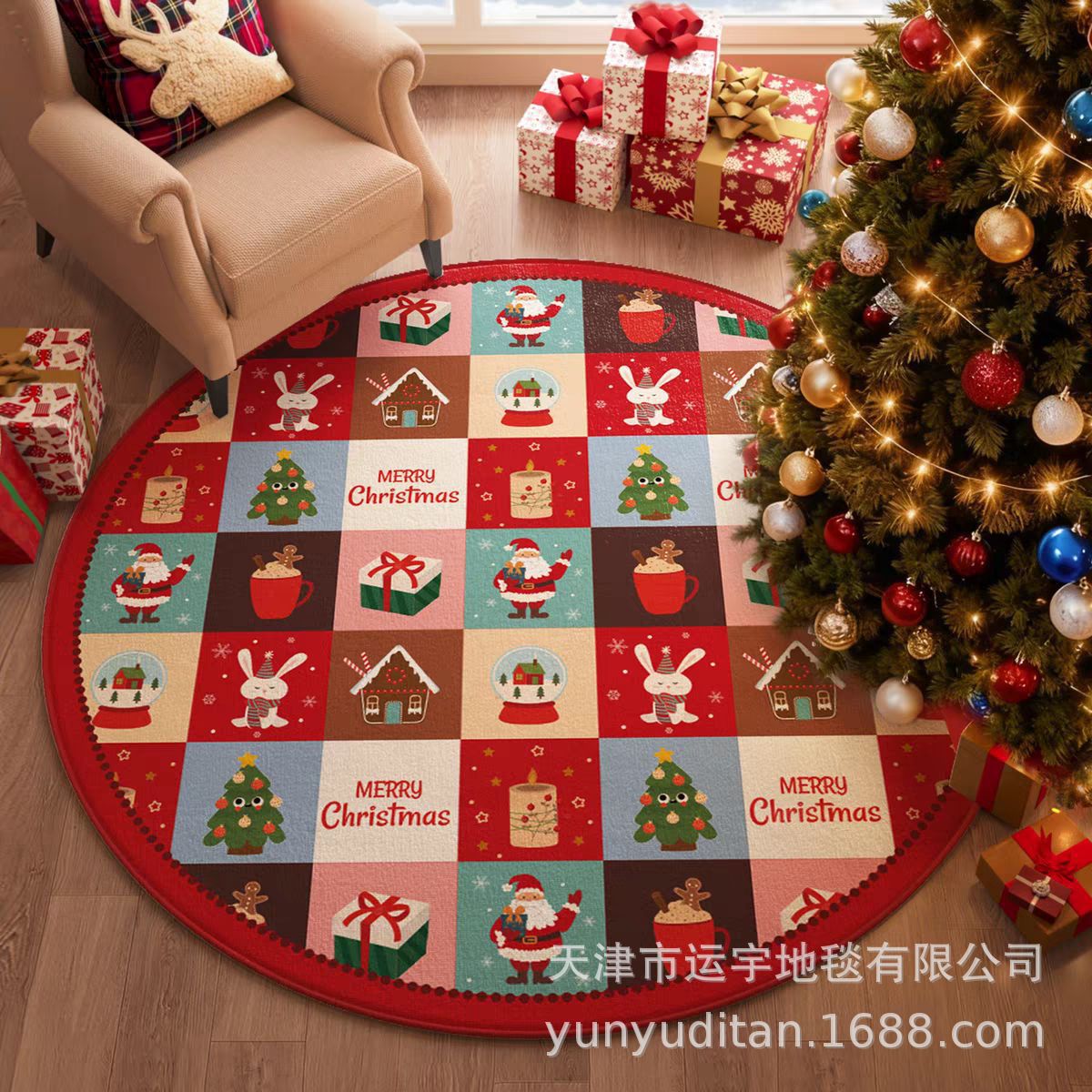 Christmas Carpet Round Living Room Crystal Velvet Floor Mat Christmas Decoration Atmosphere Mat Christmas Tree Floor Mat Customizable