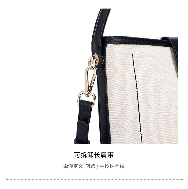 Korean Style Simple Canvas Contrast Color Bucket Bag Women's Stitching Portable and Fashion Women's Bag Versatile Messenger Bag
