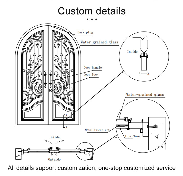Foshan Factory High Quality Double Front Entry Doors Wrought Iron Doors Double Exterior