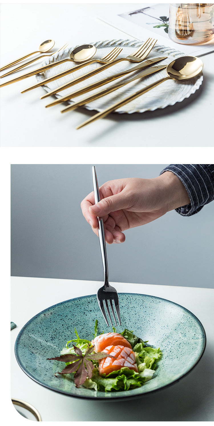 Portuguese Tableware304Glossy Round Handle Main Dinner Knife Fork Spoon Thick Mirror Dessert Spoon Fruit Fork Ice Spoon