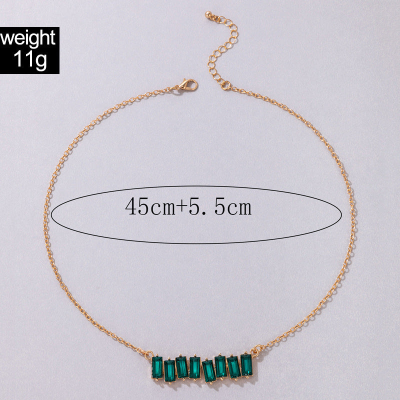 European and American Style Jewelry Colorful Square Inlaid Diamond Single Necklace Geometric Chain Imitation Gemstone Single Layer Collarbone Chain