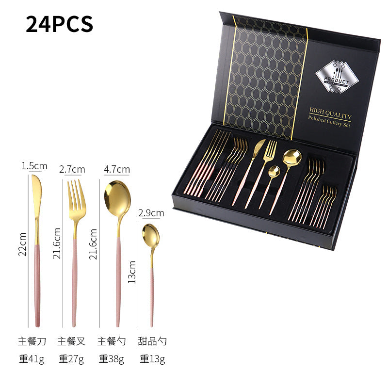 Hot-selling Portuguese Stainless Steel Tableware24Set of Western Dining gold Steak Knife Fork Spoon Gift Box Set