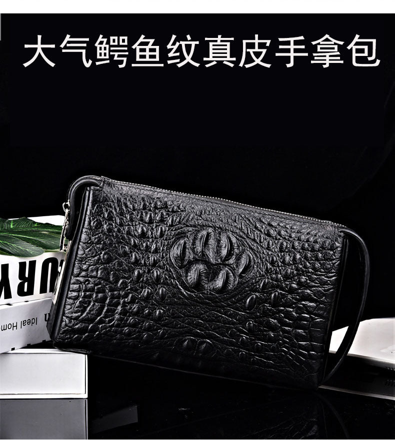 Fingerprint Lock Bag Business Commuting Men's Handbag Top Layer Cowhide Crocodile Large Capacity Multi-Card Slots Clutch