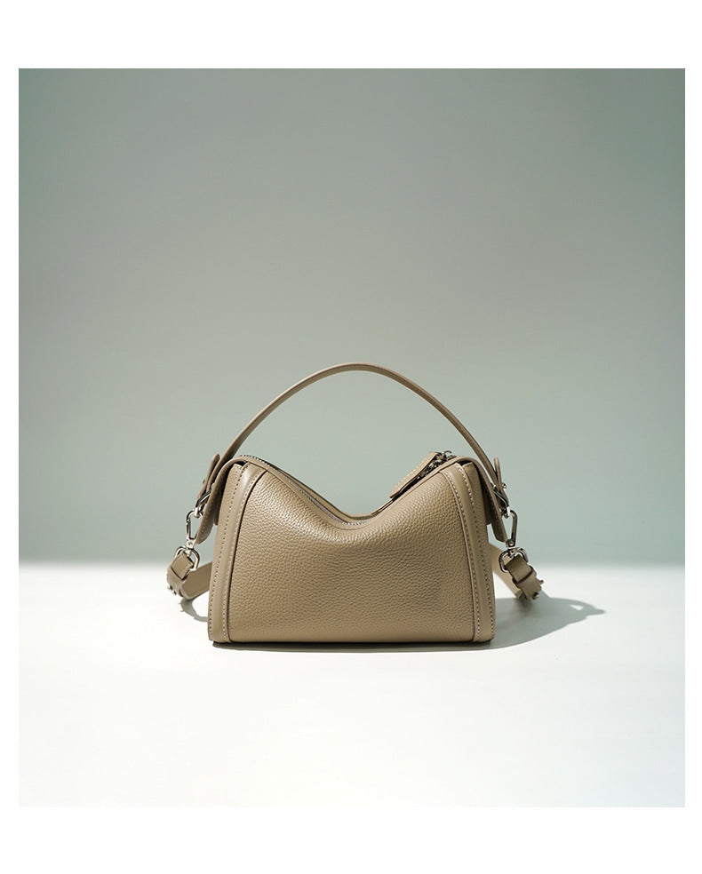 New Top Layer Cowhide Boston Bag Fashion Women's Bag Simple Texture Cowhide Shoulder Crossbody Bag Niche Design Sense
