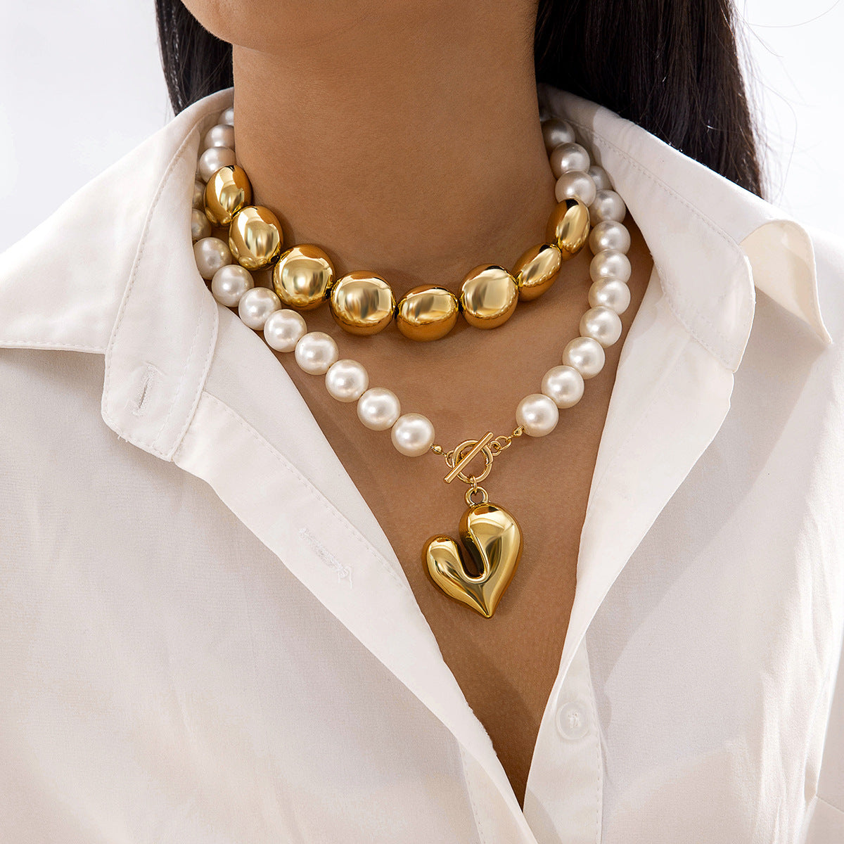 Ornament Layered Wear CCB Peach Heart Necklace Wholesale Baroque Metal Pendant Pearl Necklace