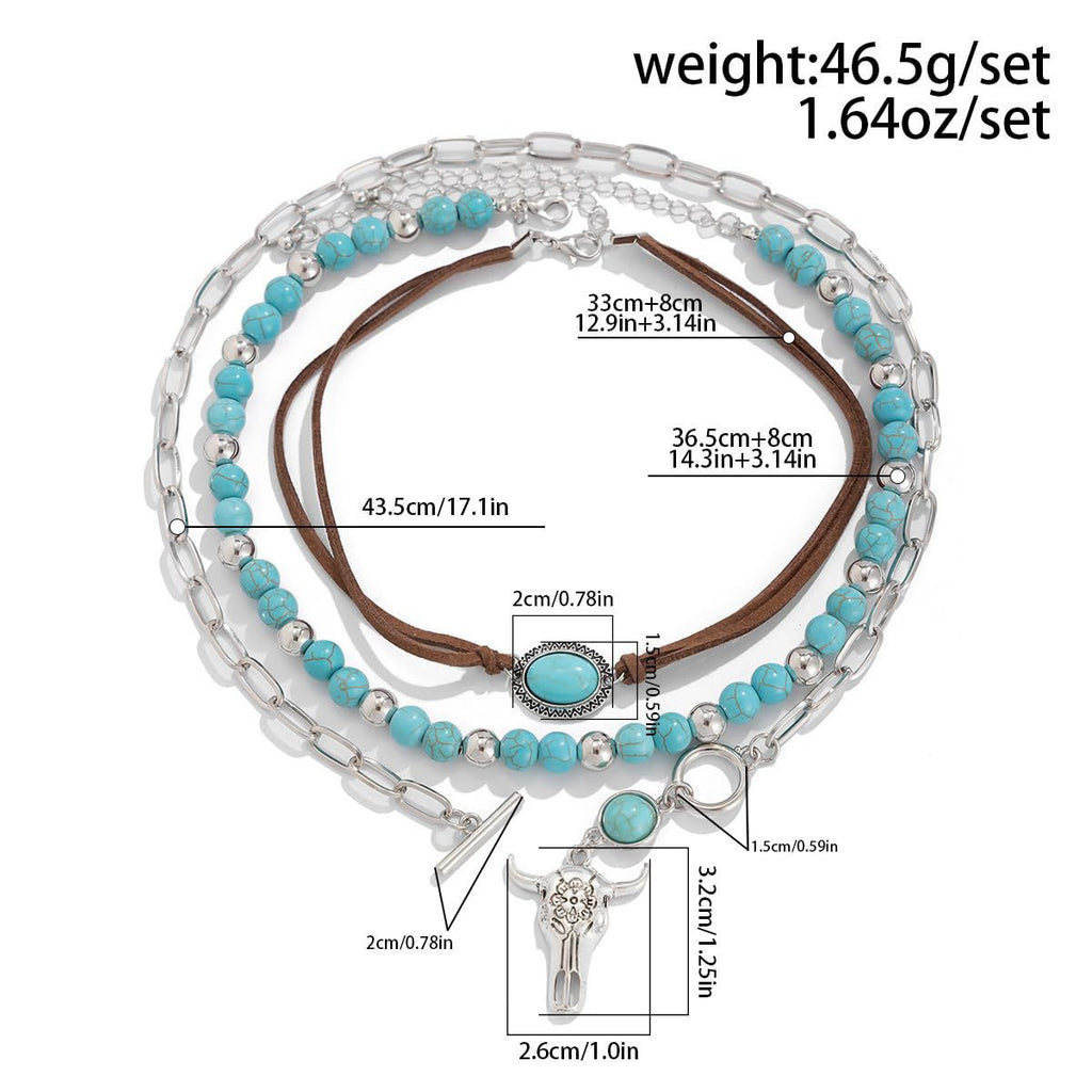 Western Cowboy Turquoise Necklace European and American Layered Necklace Set Cactus Boots Pendant Ethnic Style Retro Necklace