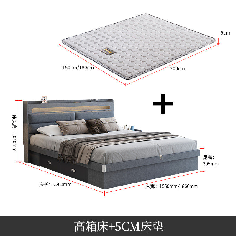 Technology Cloth Bed1.8Small Apartment Bedroom Double Bed Gray High Box Storage Bed with Technology Fabric Wear-Resistant Bed