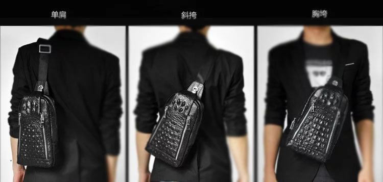 Men's Genuine Leather Chest Bag Multi-Functional Password Lock Cycling Crossbody Bag Backpack Crocodile Pattern Top Layer Cowhide Men's Bag Durable