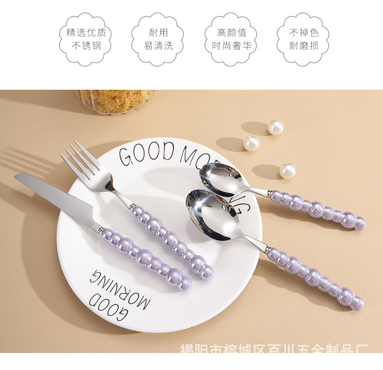 Pearl Ceramic Handle Knife European Style Set Light Luxury Nordic Style304Stainless Steel Western Cutlery Knife Fork Spoon INS