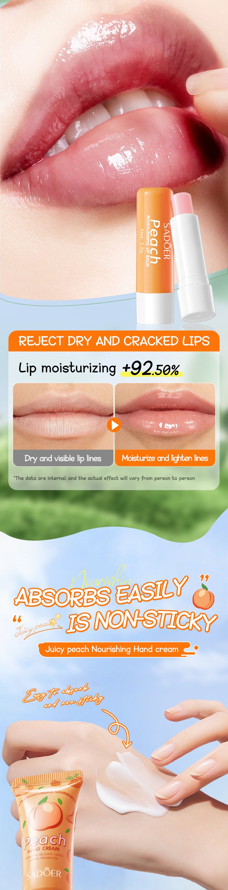 Peach Hand Cream Lip Balm Set SADOER Nourishing Autumn and Winter Hand Cream Lip Balm  Wholesale