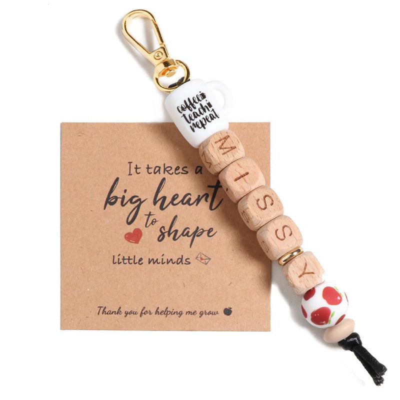 Teacher Appreciation Water Bottle Pendant Thank You Teacher Apple Ornament MISS Letter Square Wooden Bead Keychain Jewelry Accessories