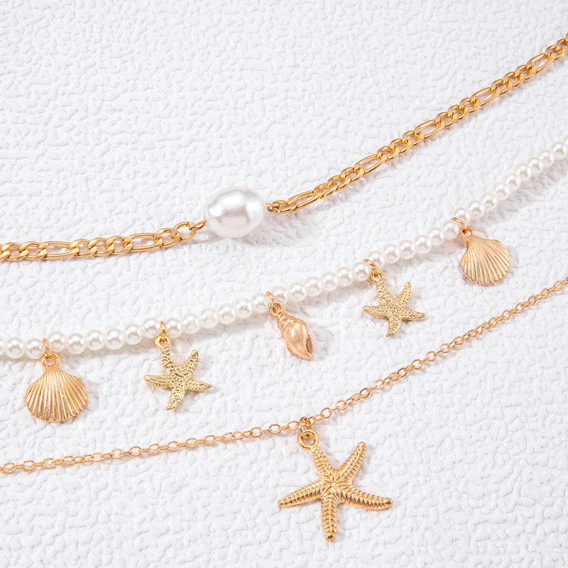 Jewelry Beaded Necklace Beach Imitation Pearl Necklace Starfish Shell Retro Vacation Small Multi-layer Necklace for Women