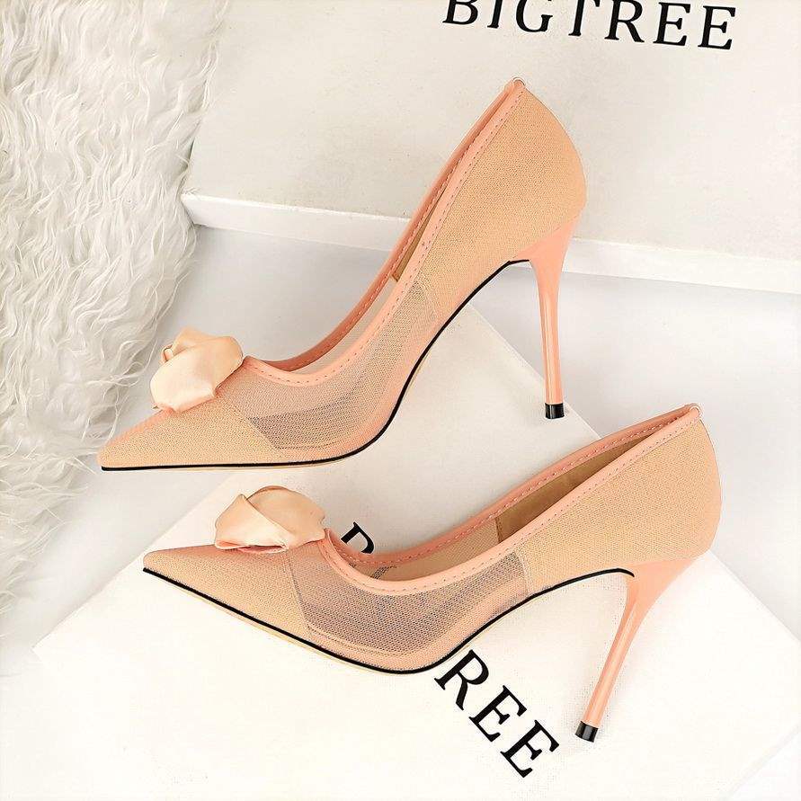 New Black Mesh High Heels Transparent Pure Desire Sexy Women Thin Heels Niche Hollow Pointed Flower Girl