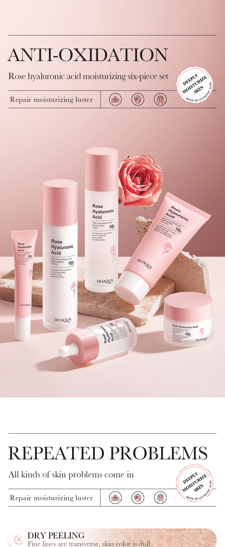 Rose Skincare Set BIOAOUA Hyaluronic acid moisturizing six-piece set  foreign trade wholesale
