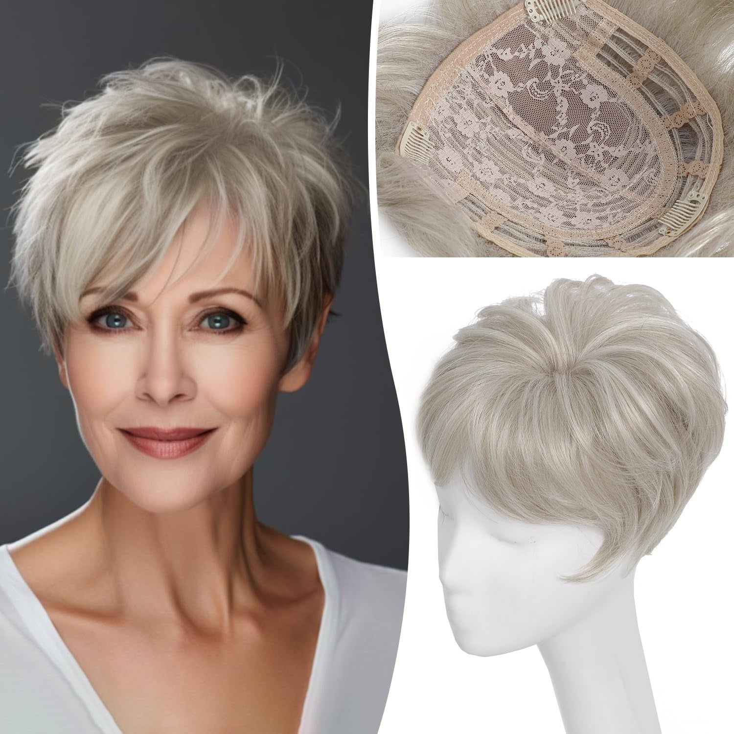 Hairpiece for Women, European and American Style, Top Hair Patch, Synthetic Short Curly Hair, Volume Enhancer, Gray Hair Cover, Breathable Hairpiece