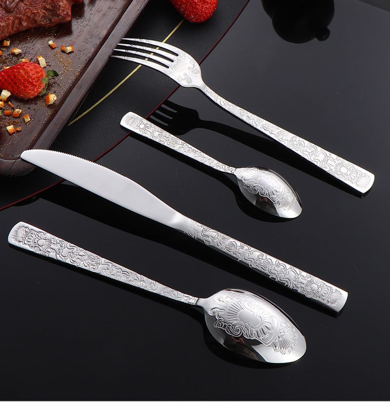 410Stainless Steel Tableware Hotel Restaurant Totem Knife Fork Spoon Set Vintage Pattern Western Steak Knife Fork
