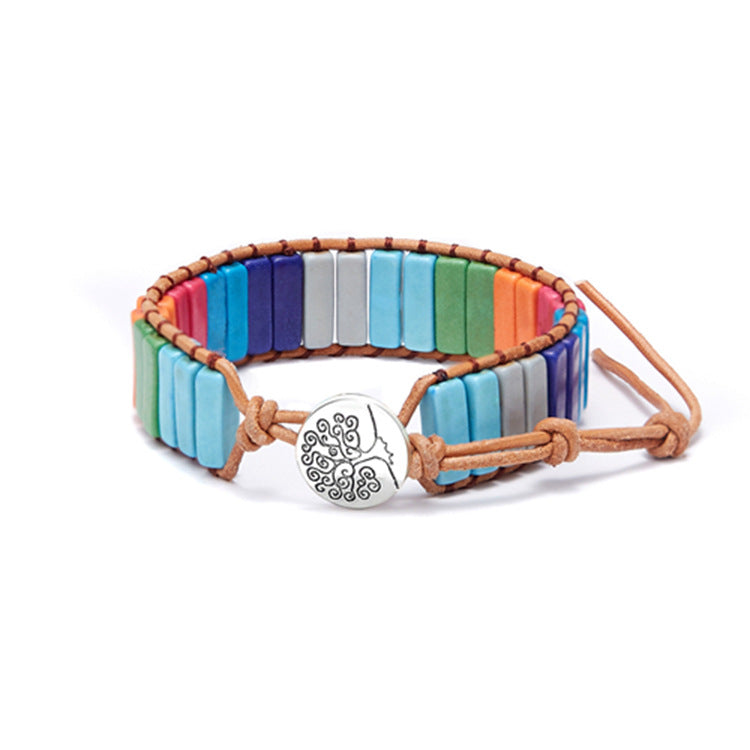 European and American Style Women's Bohemian Bracelet Vintage Emperor Stone Bracelet Handmade Woven Leather Cord Bracelet