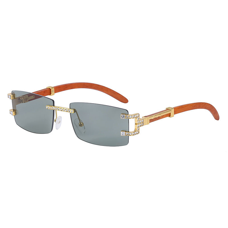 Imitation Wood Grain Leg Retro Sunglasses for Men Fashion Trend Diamond-Studded Rimless Sunglasses Men's Sun Protection Square Frame Glasses Street Style