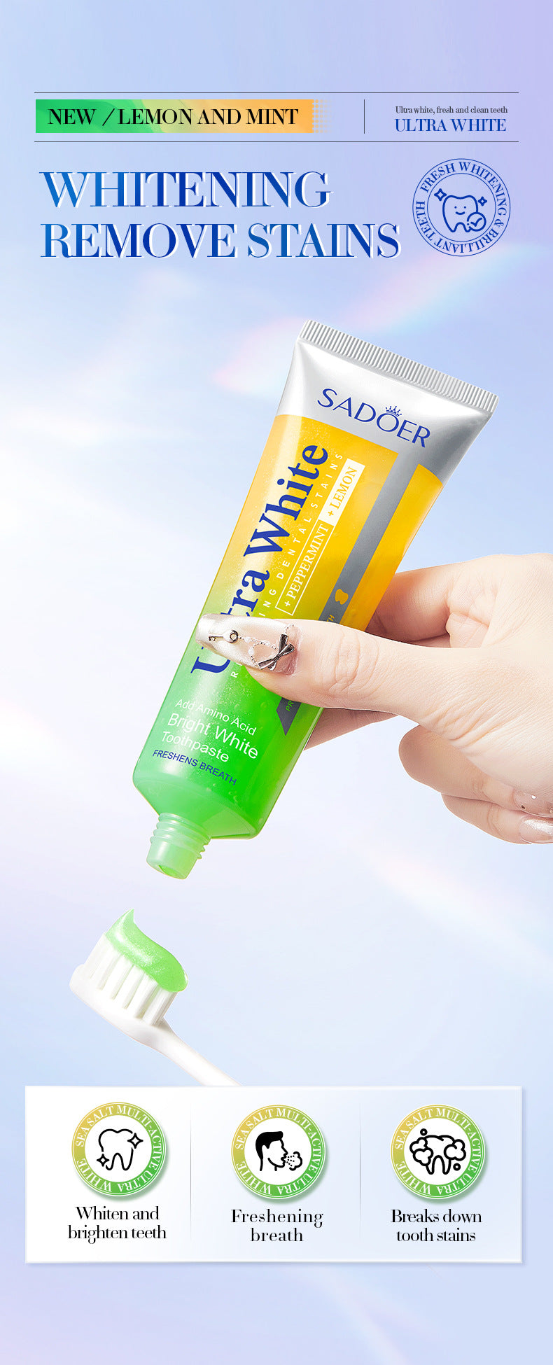 Lemon Mint Whitening Toothpaste SADOER Stain Removal Cleaning Tartar Toothpaste Cross-Border Wholesale