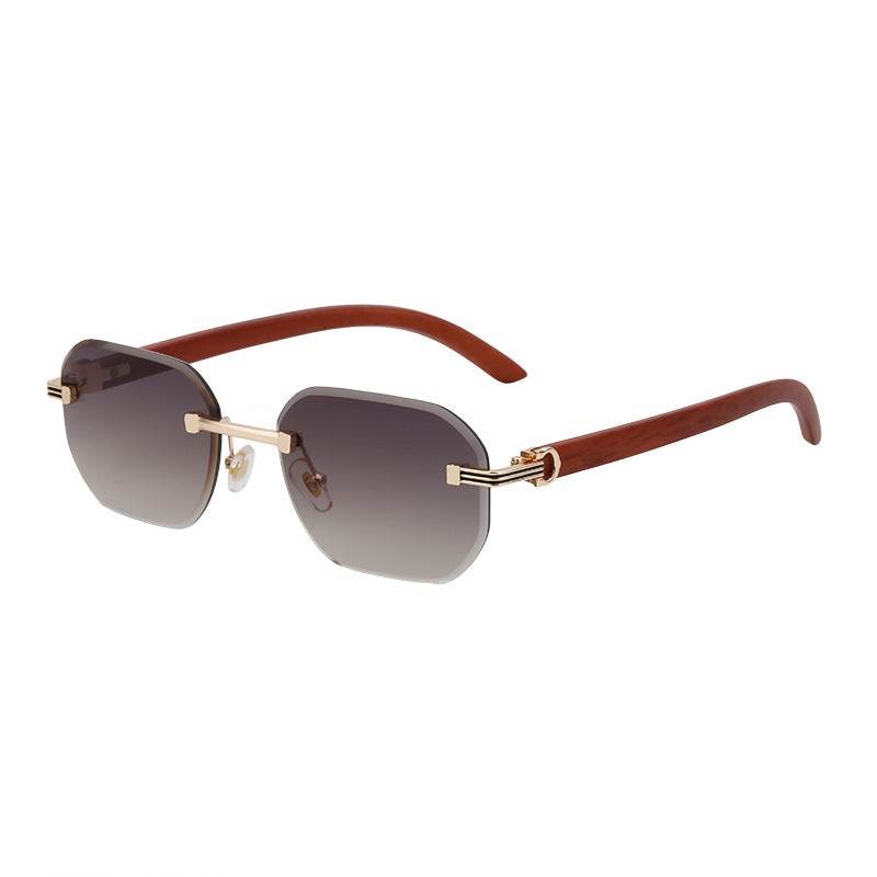 Frameless Glasses for Men High-End European and American Retro Imitation Wood Grain Temple Sunglasses UV Protection Personality Sunglasses