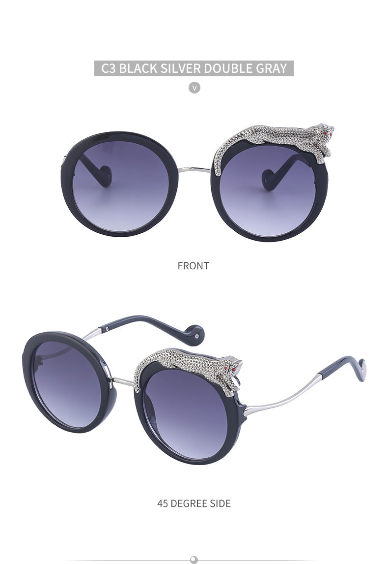 2025New Anti-Blue Light Glasses for Women Leopard Head Diamond-Studded European and American Round Frame Sunglasses Trendy Large Frame Sunglasses High-End Feel