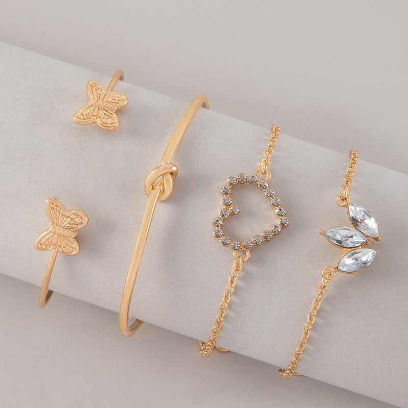 European and American Light Luxury Accessories Heart-shaped Leaf Inlaid Diamond Four-layer Bracelet Butterfly Knot Open Bracelet Set for Women
