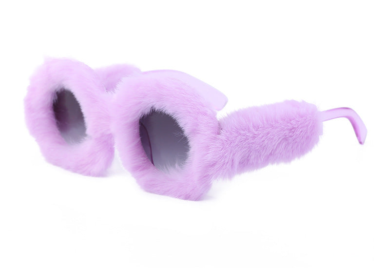 Full Coverage Plush Sunglasses Fashion Round Frame Women's Internet Celebrity Same Style Sunglasses Women's European and American Sunglasses