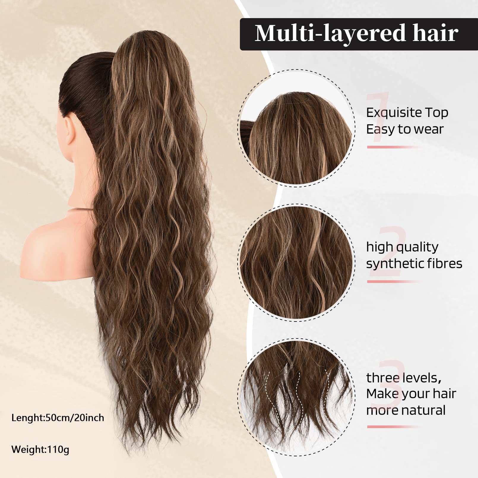 Wig Ponytail Hair Extension 20 Inch Drawstring Ponytail Hair Extension Women's Long Curly Hair Ponytail