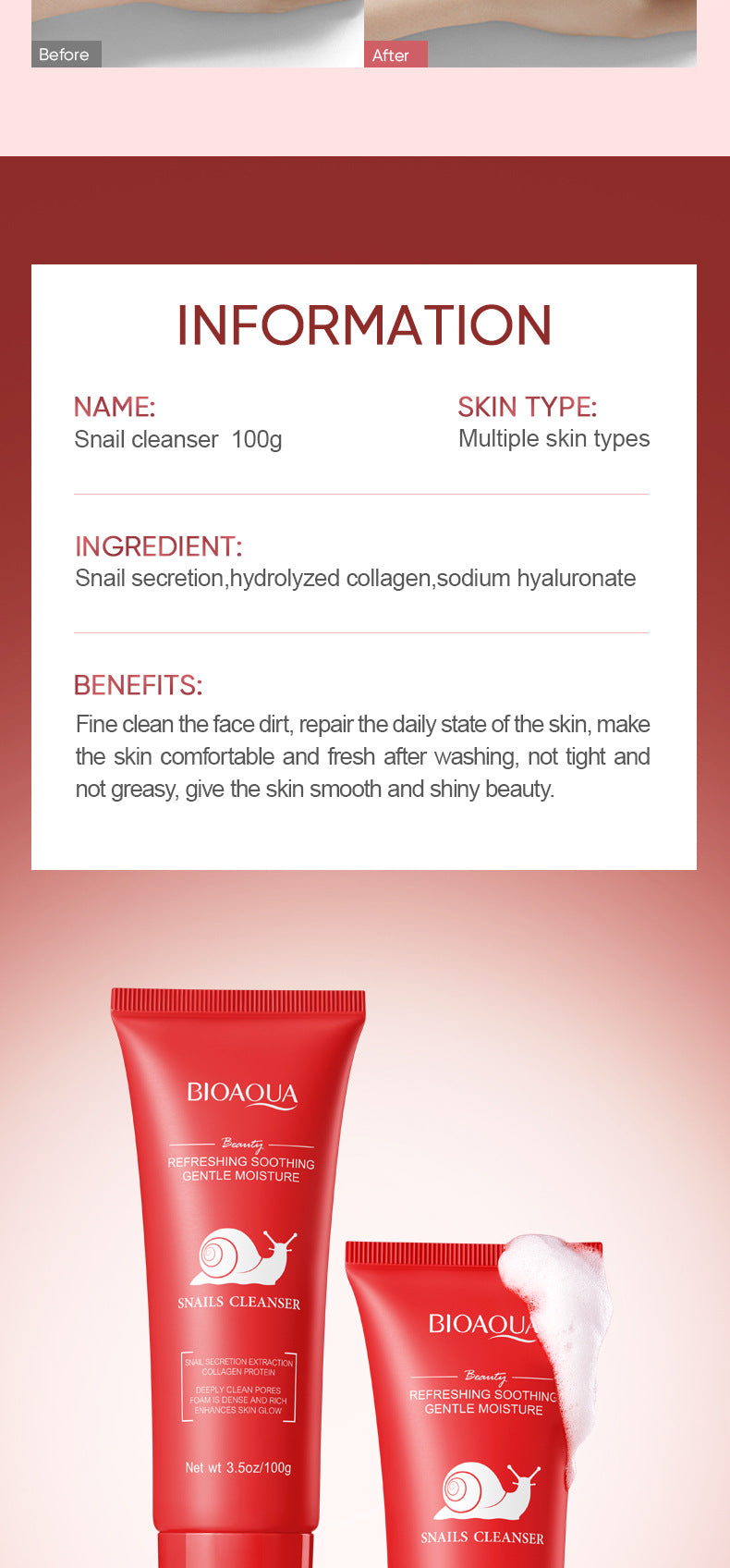 Snail Purifying Facial Cleanser BIOAOUA Moisturizing and cleansing facial cleanser cross-border foreign trade wholesale