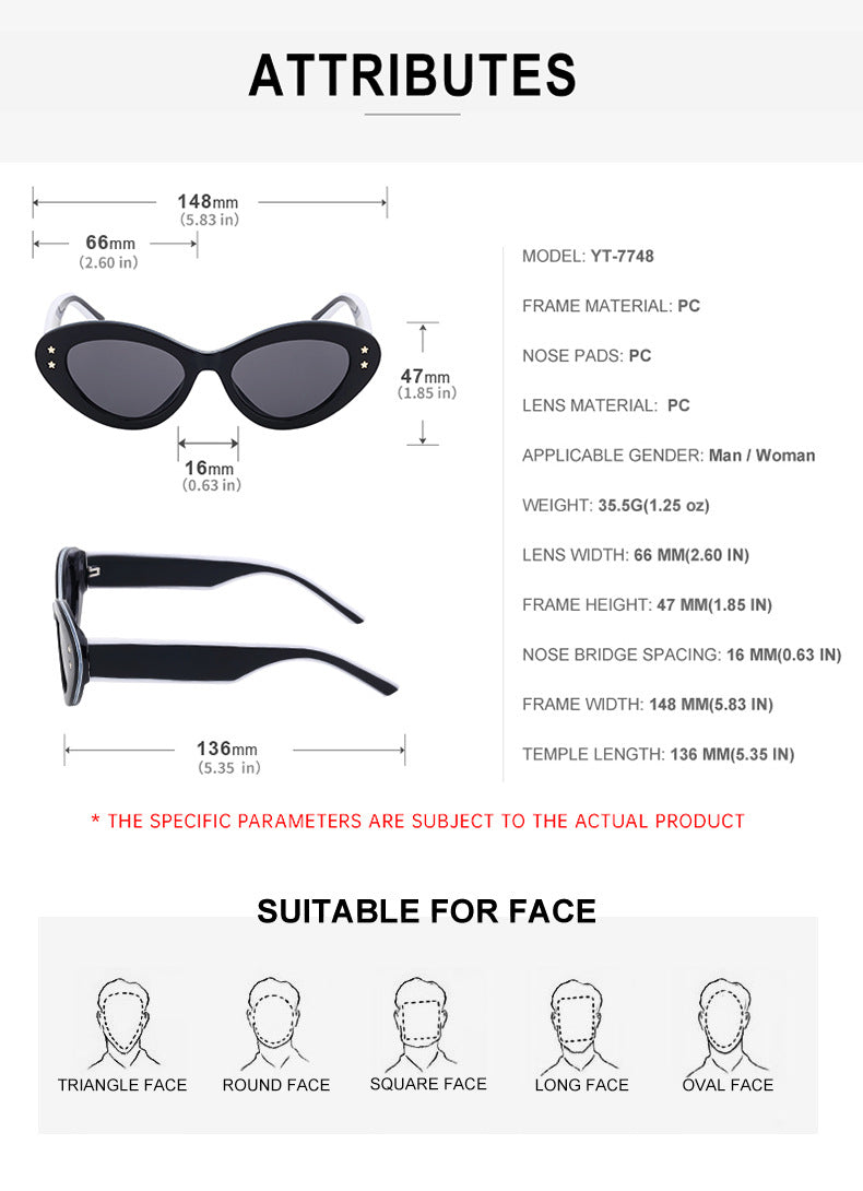 New Wide Mirror Leg Cat Eye Sunglasses for Women, European and American Fashion, High-End Feel Sunglasses sunglasses