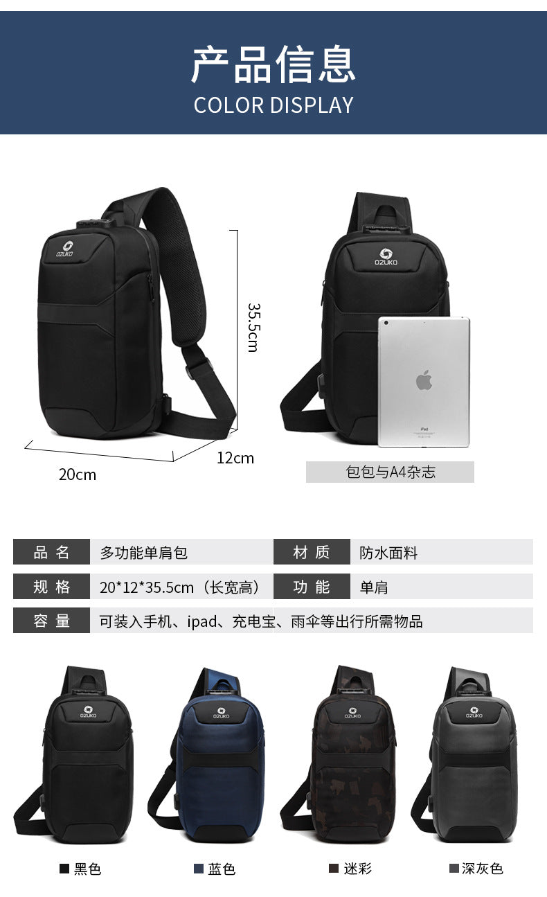 OZUKO Anti-theft Men's Chest Bag Waterproof Oxford Cloth Single Shoulder Crossbody Bag Chest Portable Multifunctional Trendy Bag