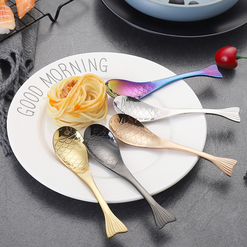 304Stainless Steel Spoon Cooking Restaurant Spoon Pickled Fish Spoon Cartoon Spoon PVD Titanium-plated Colorful Fish Tail Cute Spoon
