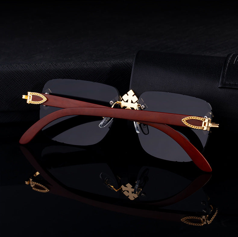 2025New European and American Retro Frameless Sunglasses for Men with Diamond Cut Edge and Imitation Wood Grain Temples Wholesale