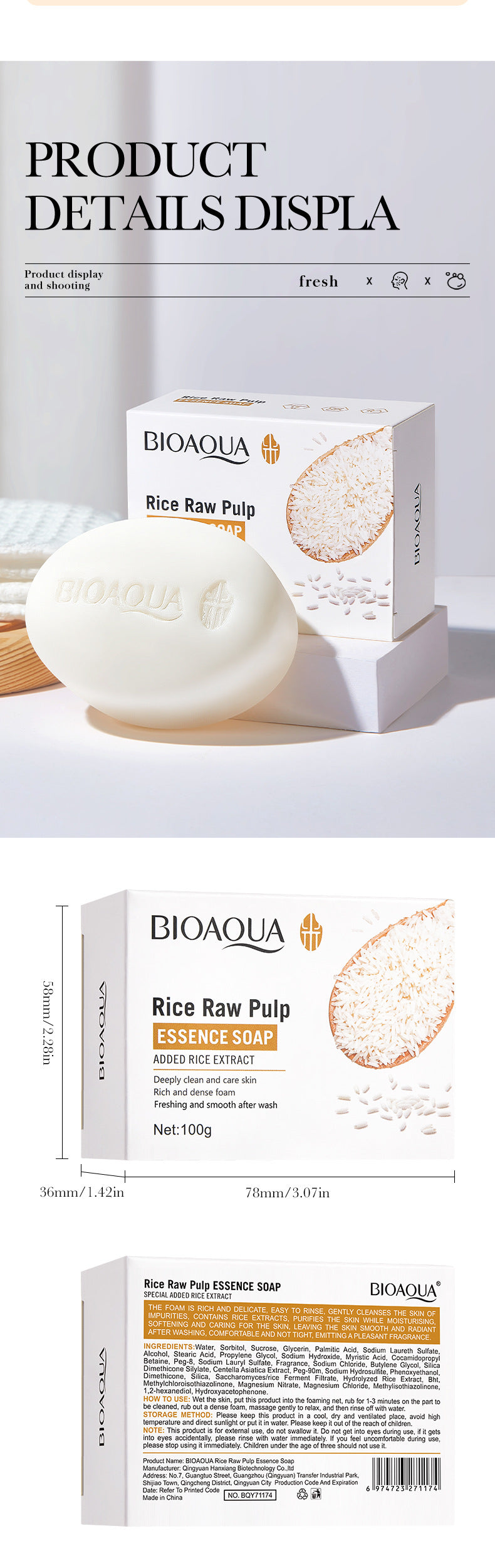 Rice Soap BIOAOUA Cleansing and Bathing Deep Cleansing Handmade Essential Oil Soap  Foreign Trade Wholesale