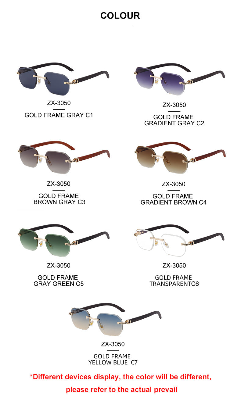 【Customization】Diamond Cut Rimless Glasses for Men, European and American Retro Style, Imitation Wood Grain Temple Sunglasses, Sun Protection Sunglasses