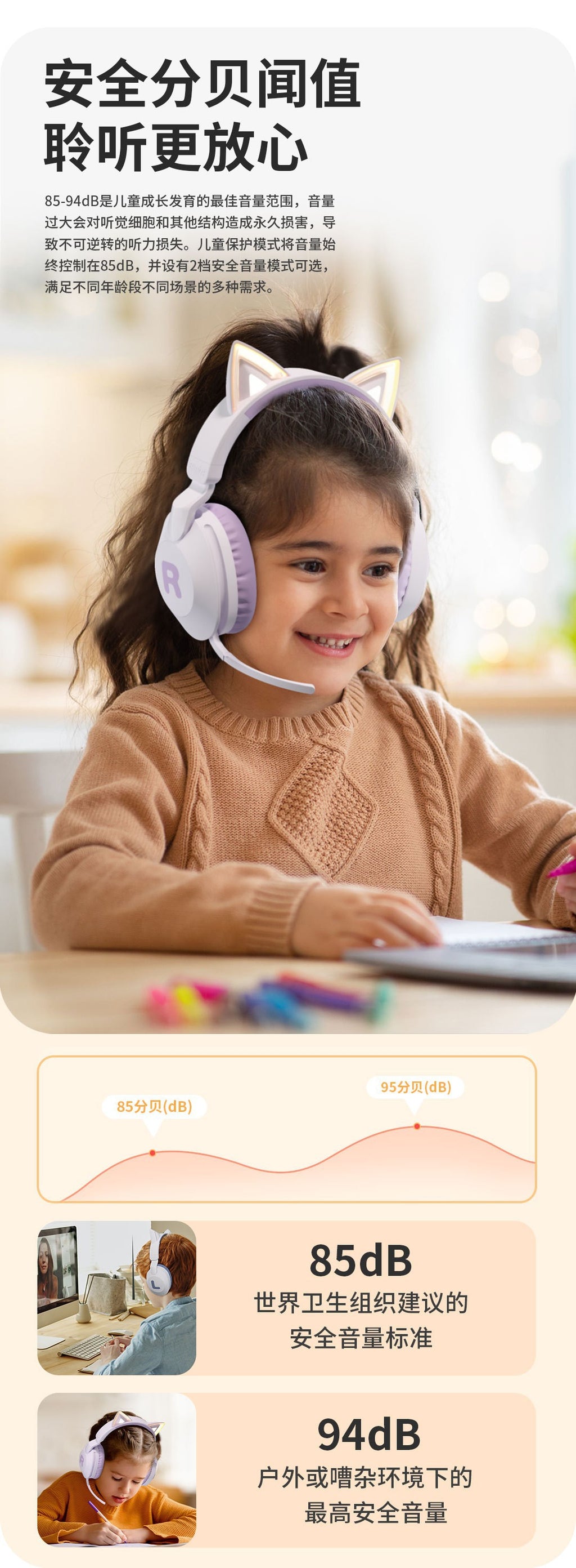 Cat Ear Headband Bluetooth Wireless Headphones with Mic Cute Long Battery Life Adorable Design Cute Cat