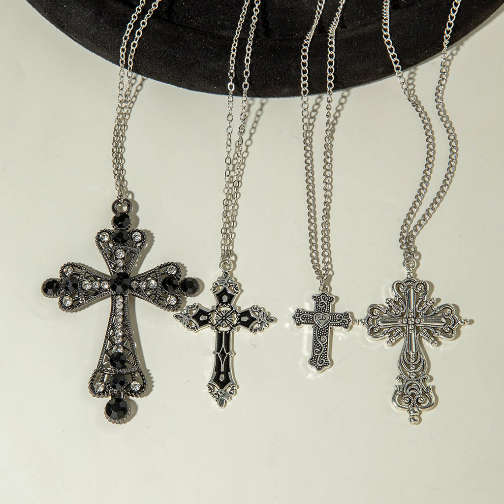 European and American Retro Hollow Diamond Cross Pendant Necklace Gothic Style Black Layered Wear Y Type Necklace