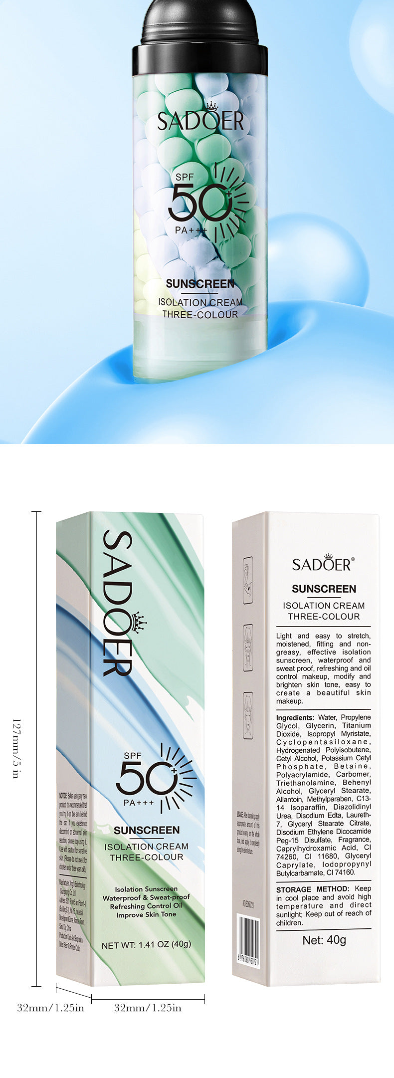 Makeup SADOER Three-color Rainbow Primer Brightening Skin Tone Sunscreen Makeup Base  Wholesale