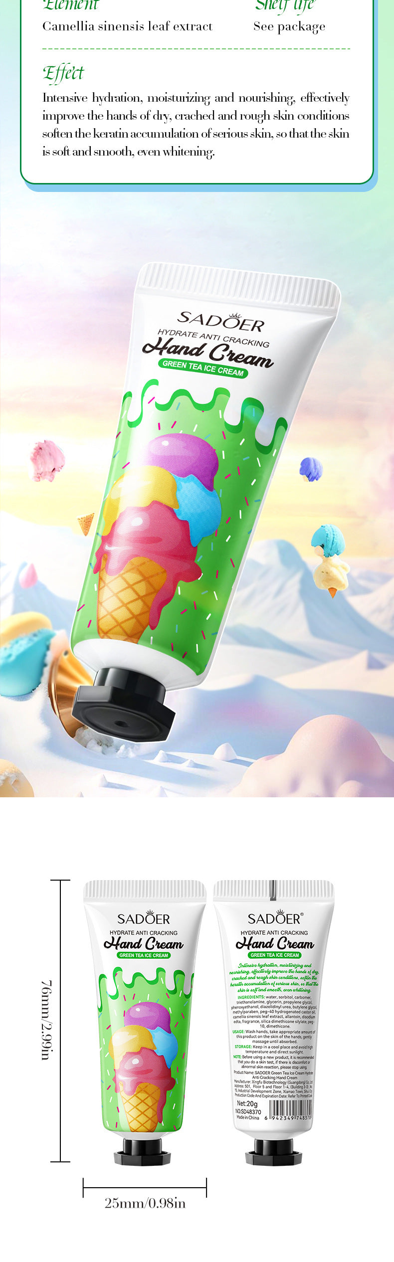 Green Tea Ice Cream Hydrating Hand Cream SADOER Autumn and winter hand cream cross-border foreign trade wholesale