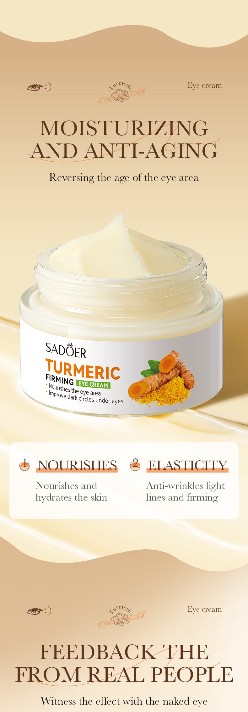 Turmeric Eye Cream SADOER Moisturize and Improve Dark Circles, Eye Lines, Eye Bags,  Wholesale
