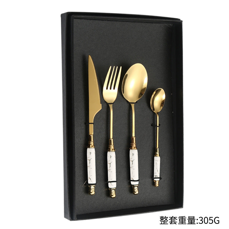 Stainless Steel Cutlery Restaurant Western Steak Knife Fork Imitation Marble Pattern Ceramic Handle Knife Fork Spoon Tea Spoon Tea Fork Set